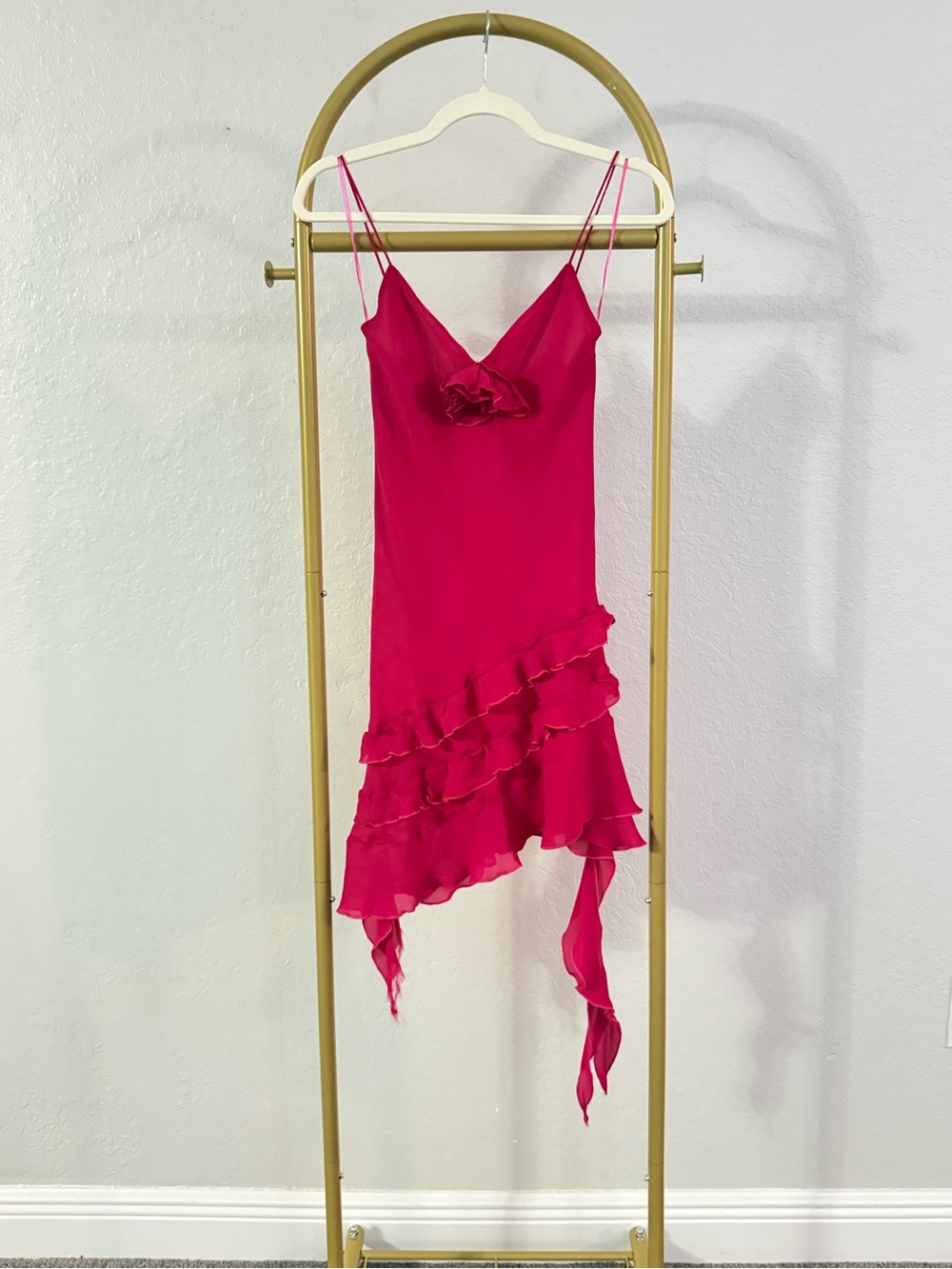 ZARA Fuchsia Pink Ruffle Slip Dress Asymmetrical Hem Size